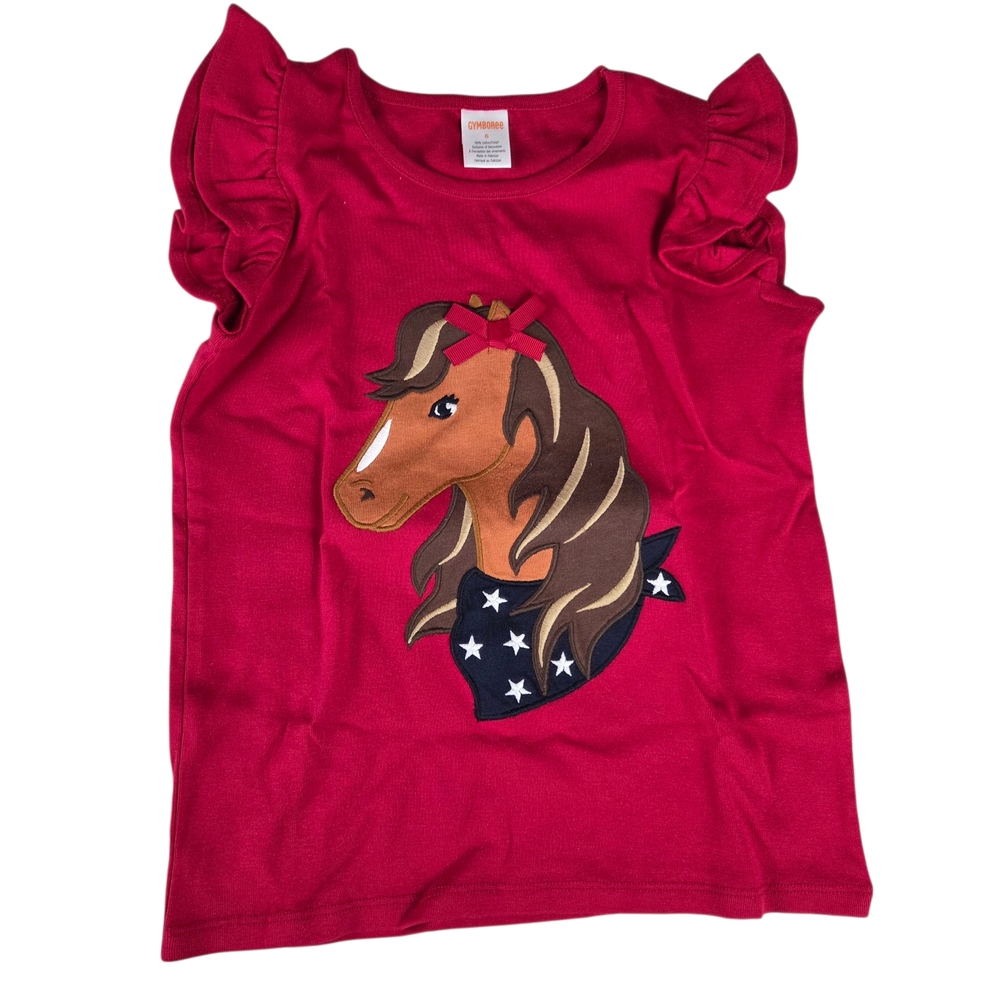 Gymboree Horse T-Shirt NEW Girls Size 6 -Red -Ruffled Sleeves -Embroidered -HTF